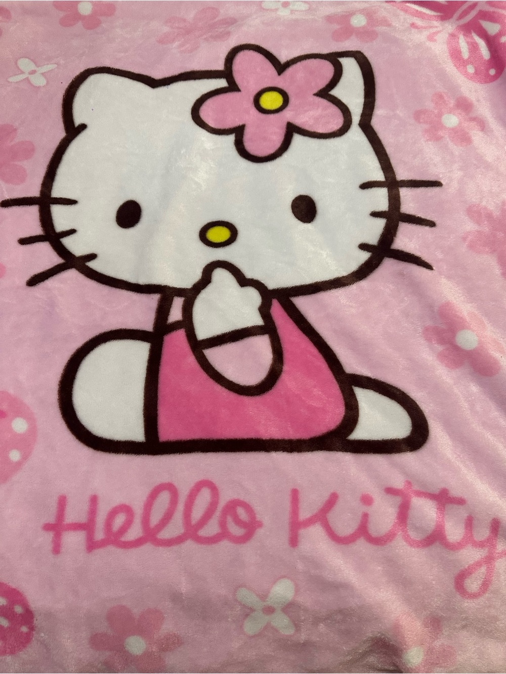 Hello Kitty Pink White Plush Throw Blanket with Floral Bow Graphic